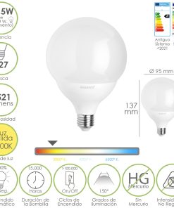 Bombilla Led Esfera Globo E27. 13,5 Watt. Equivale A 100 Watt. 1521 Lumenes. Luz Calida 3000º K.