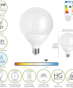 Bombilla Led Esfera Globo E27. 13,5 Watt. Equivale A 100 Watt. 1521 Lumenes. Luz Fria 6500º K.