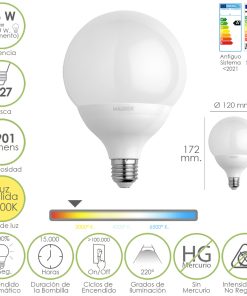 Bombilla Led Globo Rosca E27. 16 Watt. Equivale A 130 Watt. 1901 Lumenes. Luz Cálida (2700º K.)
