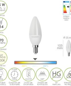 Bombilla Led Vela Rosca E14. 4,5 Watt. Equivale A 35 Watt. 470 Lumenes. Luz Neutra (4000º K.)