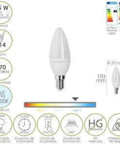 Bombilla Led Vela Rosca E14. 4,5 Watt. Equivale A 35 Watt. 470 Lumenes. Luz Fira (6500º K.)