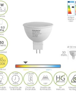 Bombilla Led Dicroica Rosca GU 5.3 / MR16. 5 Watt. Equivale A 40 Watt. 405 Lumenes. Luz Cálida (3000º K.)