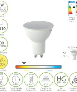 Bombilla Led Dicroica Rosca GU10. 5 Watt. Equivale A 30 Watt. 500 Lumenes. Luz Cálida (2700º K)