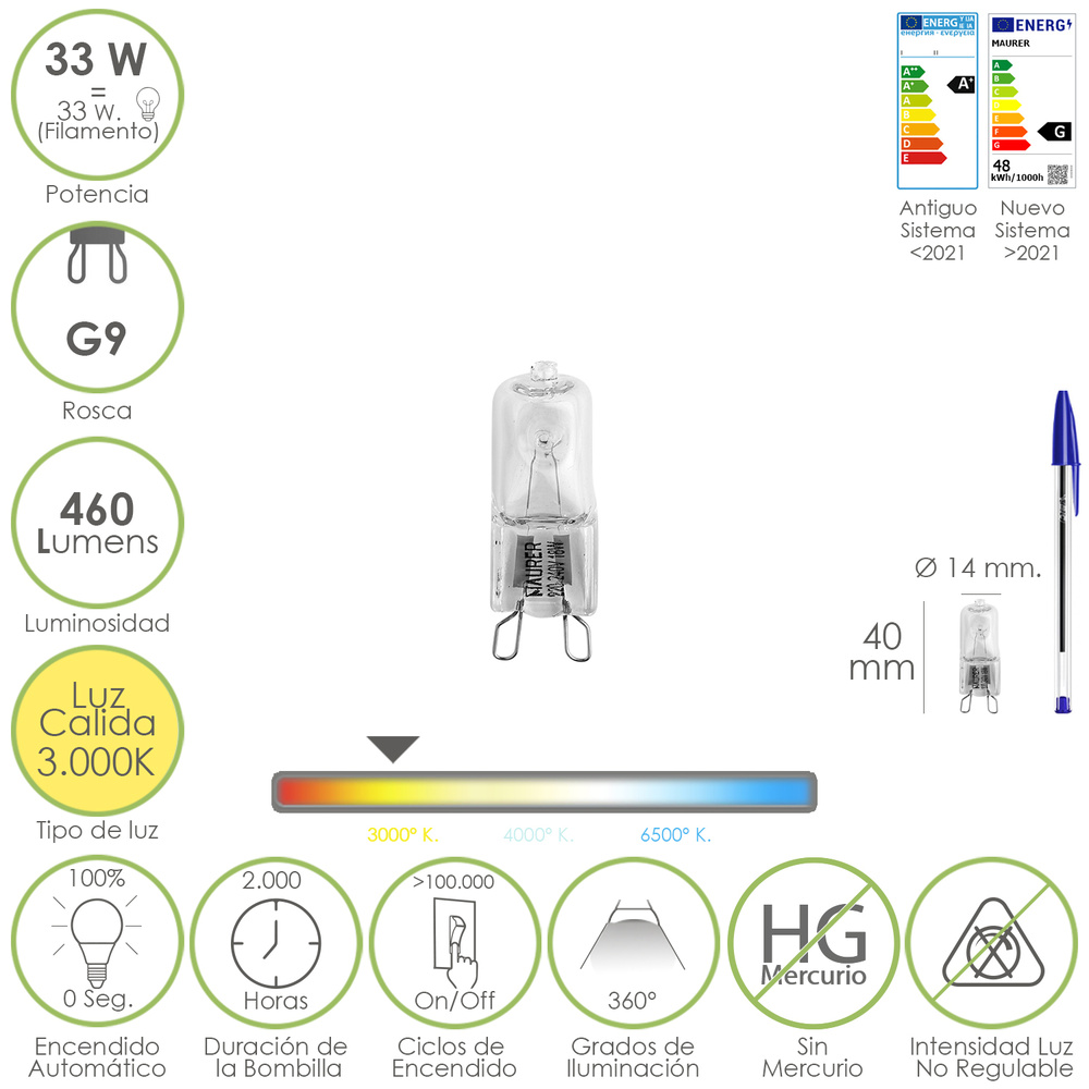 Bombilla Halogena G-9 33 W. 460 lumenes. Luz cálida (3.000ºK)