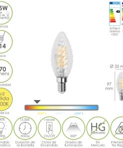 Bombilla Led Filamento Vela Twist. E14. 4,5 Watt. Equivale A 35 Watt. 470 Lumenes. Luz Calida 2700º K.