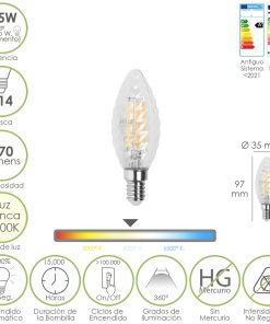Bombilla Led Filamento Vela Twist. E14. 4,5 Watt. Equivale A 35 Watt. 470 Lumenes. Luz Neutra 4000º K.