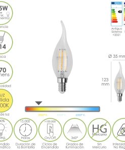 Bombilla Led Filamento Vela Llama E14. 4,5 Watt. Equivale A 35 Watt. 470 Lumenes. Luz Calida 2700º K.