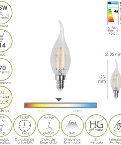 Bombilla Led Filamento Vela Llama E14. 4,5 Watt. Equivale A 35 Watt. 470 Lumenes. Luz Neutra 4000º K.