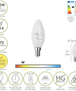 Bombilla Led Filamento Vela Esmerilada E14. 4,5 Watt. Equivale A 35 Watt. 470 Lumenes. Luz Calida 2700º K.