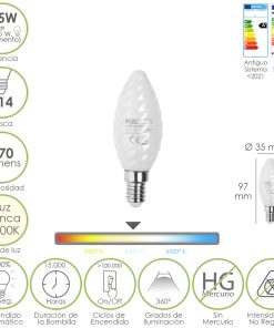 Bombilla Led Filamento Vela Esmerilada E14. 4,5 Watt. Equivale A 35 Watt. 470 Lumenes. Luz Neutra 4000º K.
