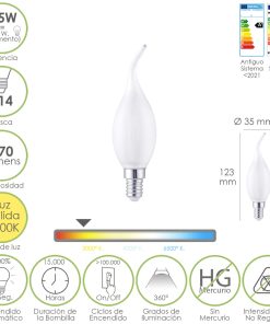 Bombilla Led Filamento Vela Llama Esmerilada E14. 4,5 Watt. Equivale A 35 Watt. 470 Lumenes. Luz Calida 2700º K.