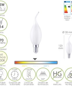 Bombilla Led Filamento Vela Llama Esmerilada E14. 4,5 Watt. Equivale A 35 Watt. 470 Lumenes. Luz Neutra 4000º K.