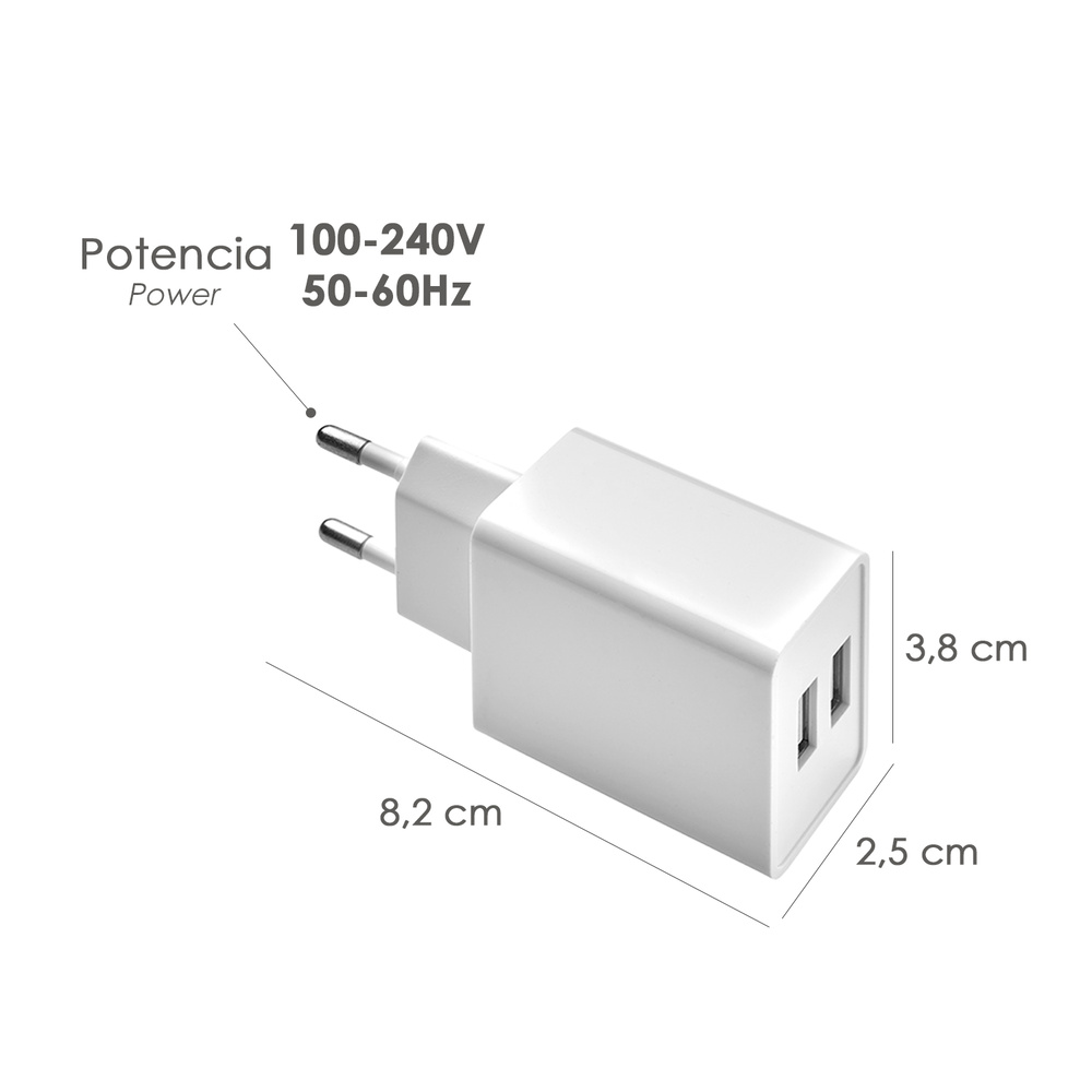Cargador USB Dos Tomas 2.1 Amperios. 5 V. Adaptador Enchufe USB Cargador USB de Pared, Android, Iphone, Smartphones, Tablets. - Imagen 2